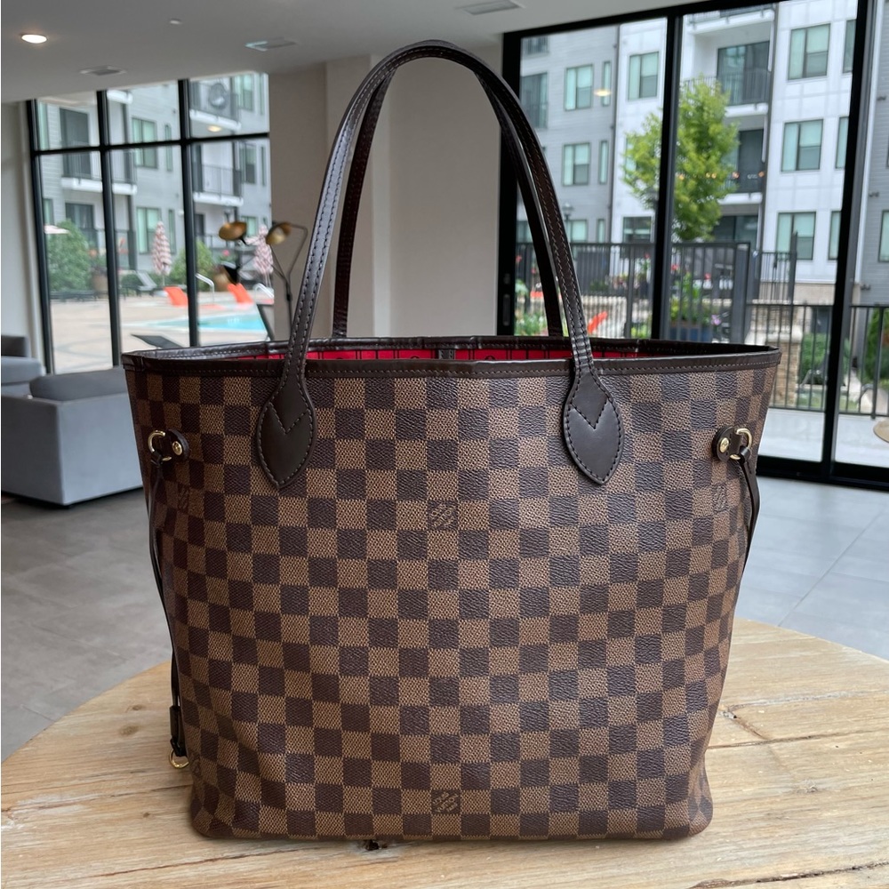 Brown Check Tote Bag with Red Interior